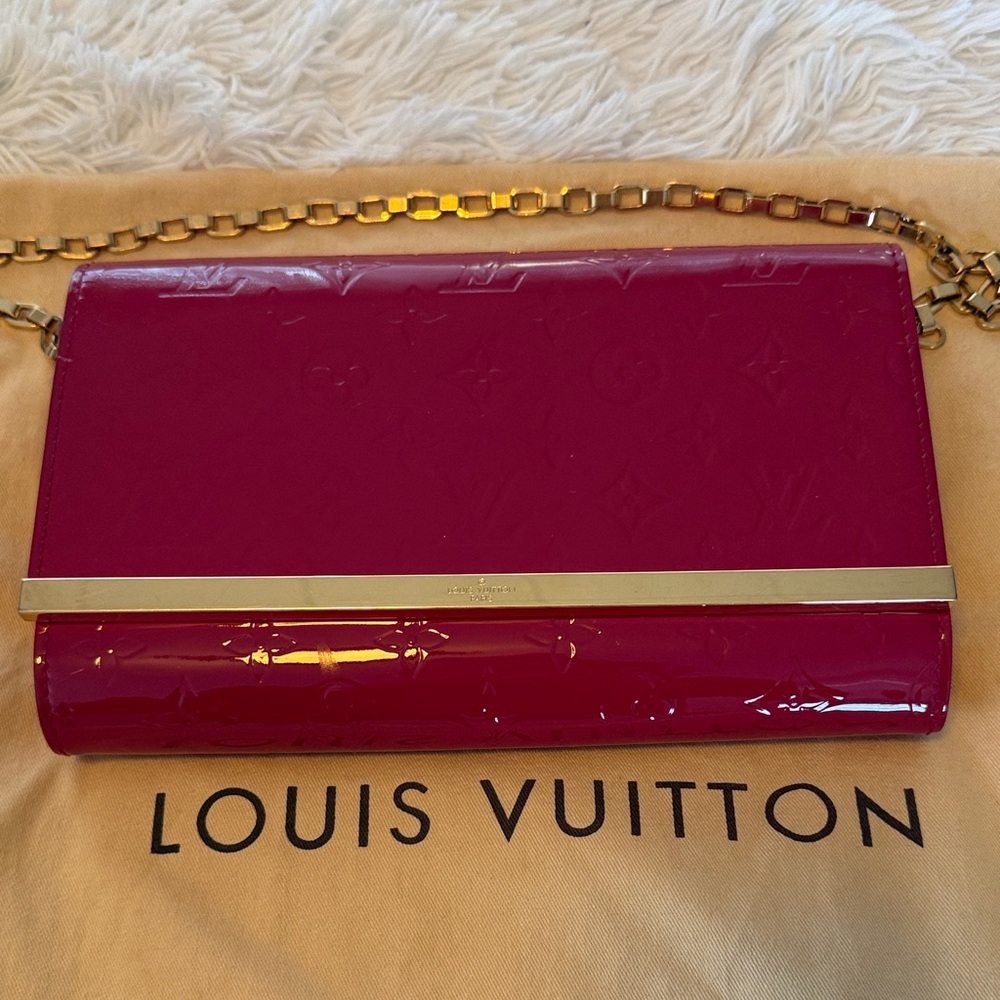 Louis Vuitton Fuchsia Patent Leather Clutch with Gold Chain